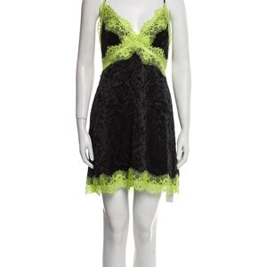Alice + Olivia Black and Neon Green Lace Mini Dress